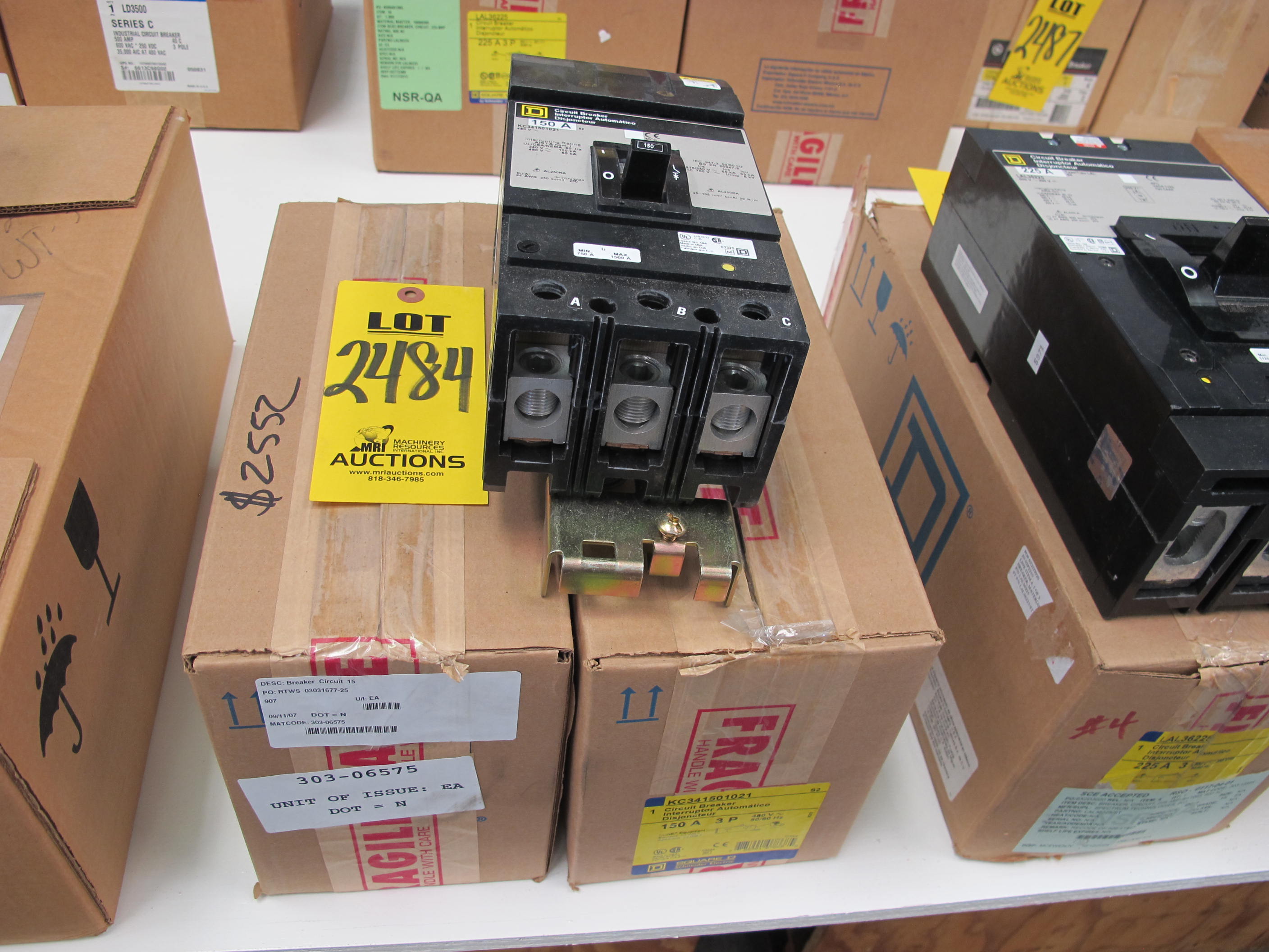 LOT (2) BREAKERS, CIRCUIT TYPE, 150 AMP RATING, 480 VOLT RATING, 3 POLE, THERMAL MAGNETIC KIND. DO NOT SUBSTITUTE, PART # KCF341501021 (W-44) LOADING & HANDLING FEE $5-